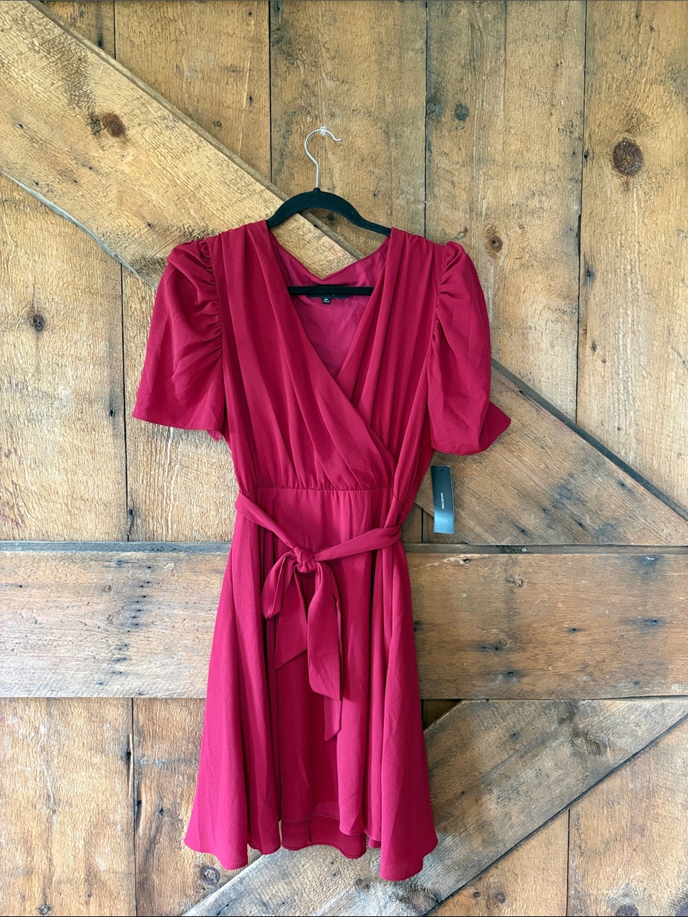 Lulu's Deep Red Faux-Wrap Midi Dress with Tie Waist